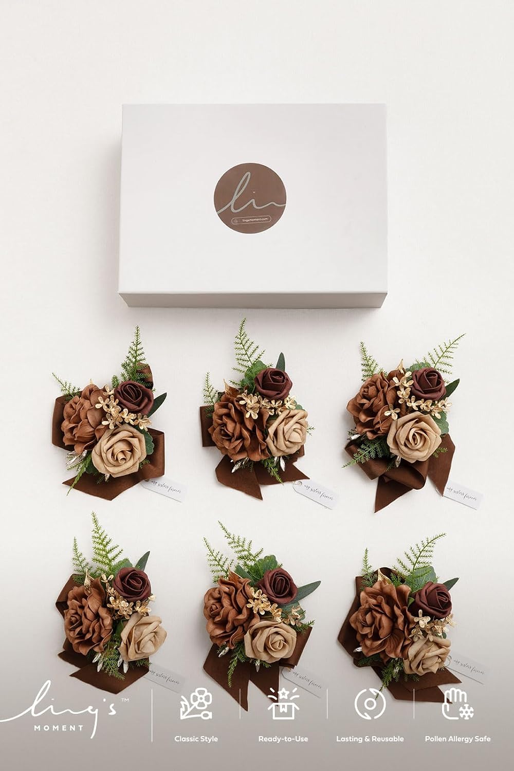 Ling's moment 6pcs Corsage Wristlet, Fall Wedding Decor, Walnut Brown | Girl/Mother/Women, Homecoming Prom, Graduation Party, Wrist Band Décor, with Ribbon, Artificial Flowers, Sand Beige
