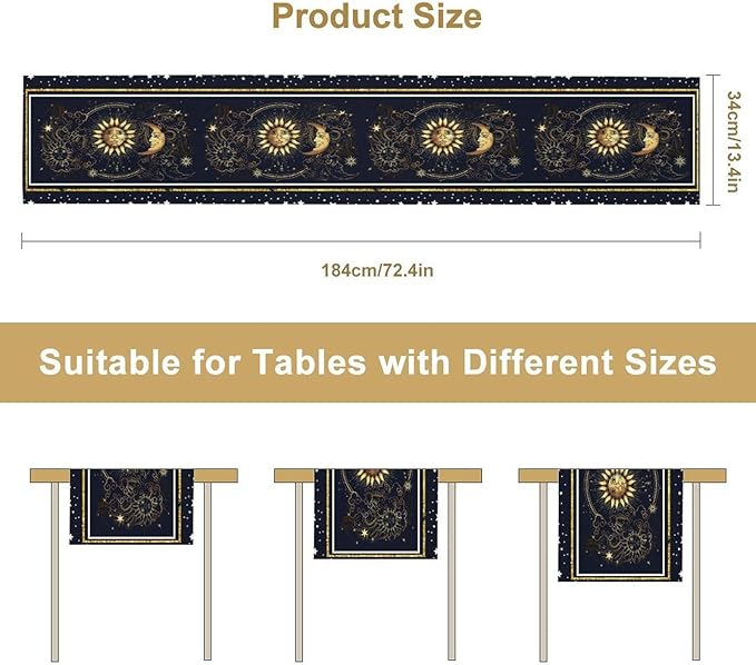 Sun Moon Table Runner, Seasonal Golden Sun Moon Holiday Kitchen Dining Table Runner for Kitchen Living Room Home Party Decor 13x120 Inch