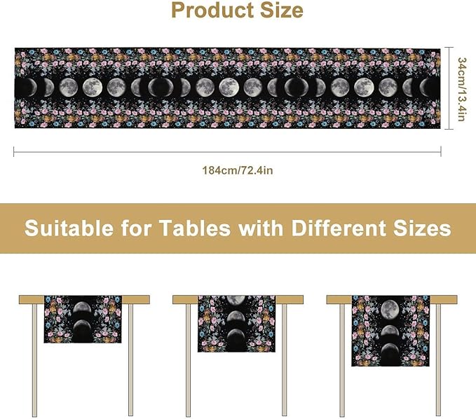 Boho Floral Moon Table Runner, Spring Flower Leaves Mystical Gothic Sun Moon Table Runner for Kitchen Dining Table Home Party,13x70 Inch Purple