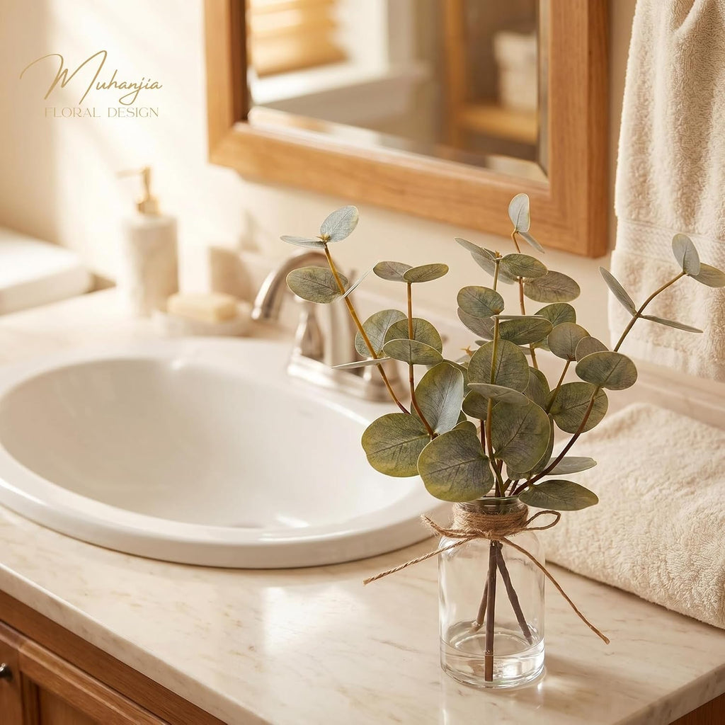 Muhanjia Artificial Eucalyptus Stems in Glass Vase with Faux Water,3Pcs Fake Plant with Double-Sided Green Leaves for Centerpiece(Double-Sided Green Eucalyptus)