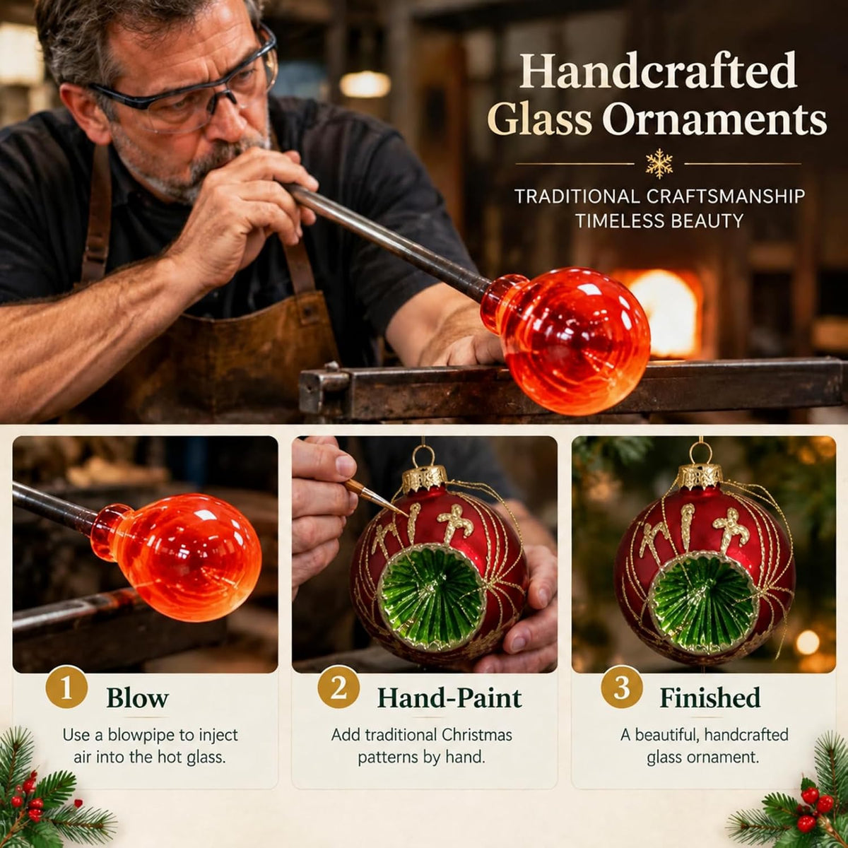 yinder 10 pcs vintage christmas glass ornament and, close-up detail