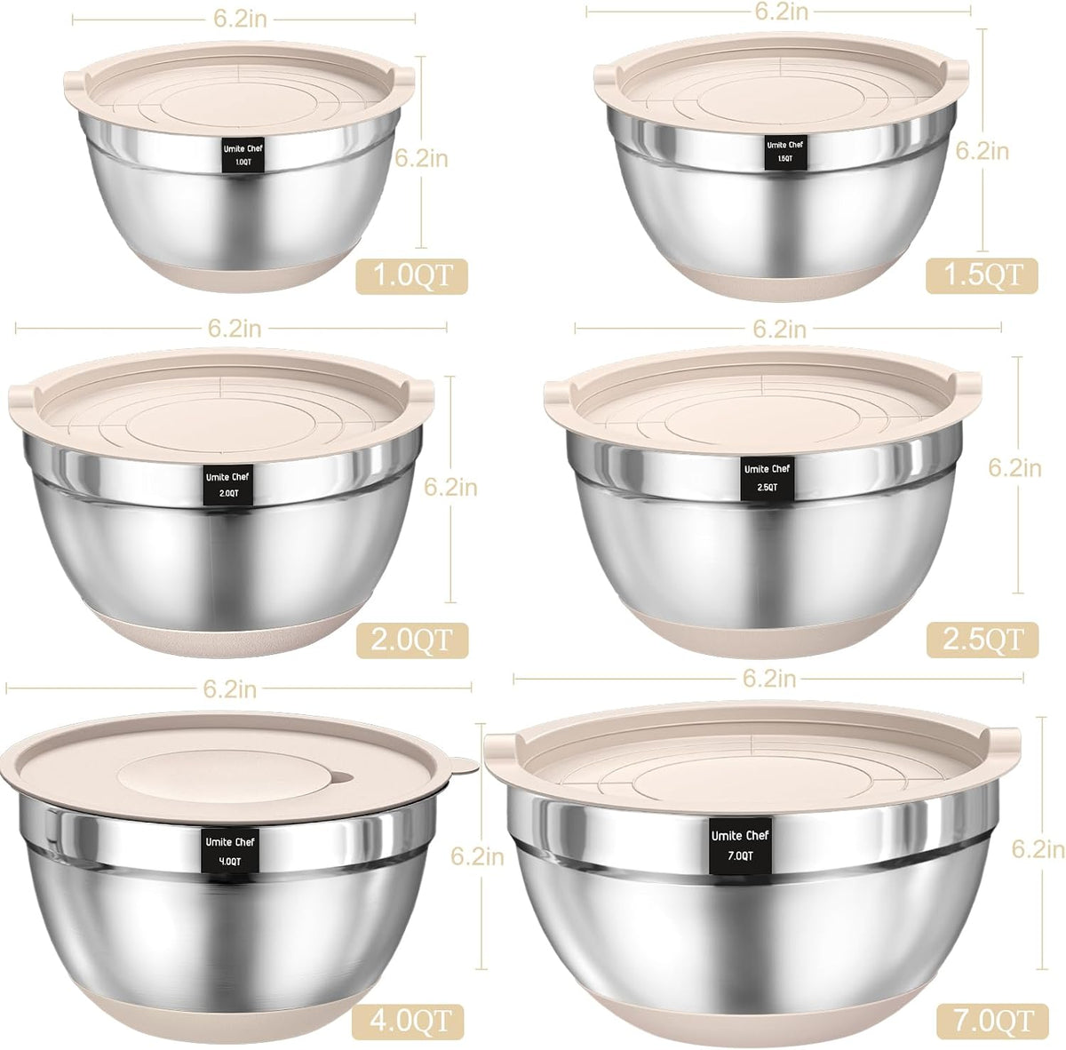 Mixing Bowls with Airtight Lids Set, 26PCS Stainless Steel Khaki Bowls with G...
