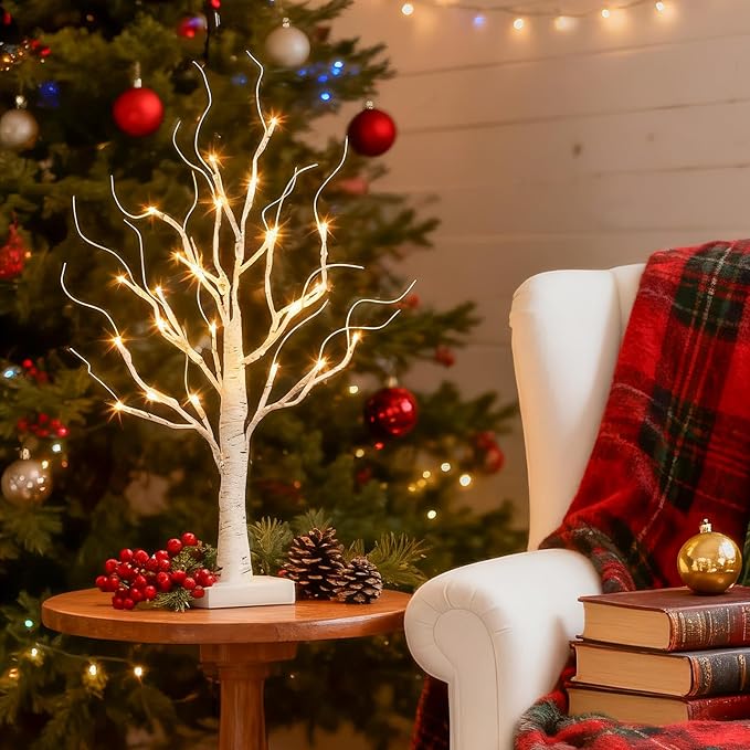 Vanthylit Lighted Birch Tree Battery Powered Tabletop Tree Decorations for Home Mantle Party Christmas Decorations (22 Inch)