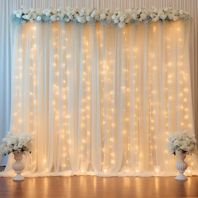 10ft x 7ft Champagne Chiffon Backdrop Curtain with Lights String for Parites Wedding Wrinkle Free Curtain Photo Backdrops Drapes for Baby Shower Birthday Party Home Decorations