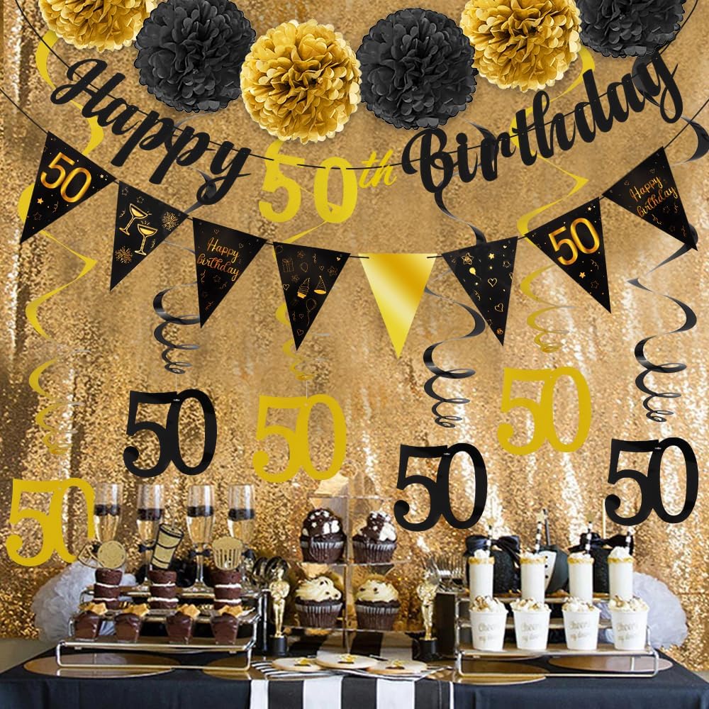 TOBATOBA 50th Birthday Decorations Kit for Men Women, Black Gold Happy 50th Birthday Banner, Triangle Flag Banner 50th Birthday Party Decorations, 50 Year Old Birthday Party Supplies