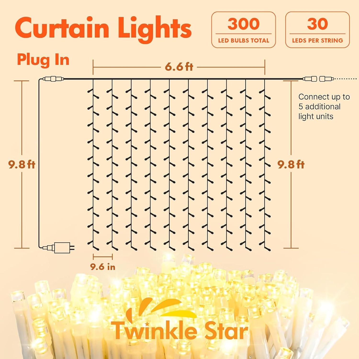 Twinkle Star 300 LED Curtain String Lights, Warm White | 8 Modes, Plug In, For Bedroom Wedding Party Birthday, Indoor Outdoor Wall Window Backdrop