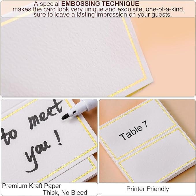 60Pcs Premium Place Cards With Gold Foil Border - 2" x 3.5" Tent Cards for Wedding, Table, Dinner Parties - Small Escort and Name Cards