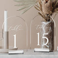 JINMURY Clear Arch Table Numbers for Wedding, 5x7 Inch Arched Acrylic Table Numbers 1-15 with Stands, Clear Acrylic Arch Sign with Holder for Centerpiece, Reception, Wedding, Party, Event