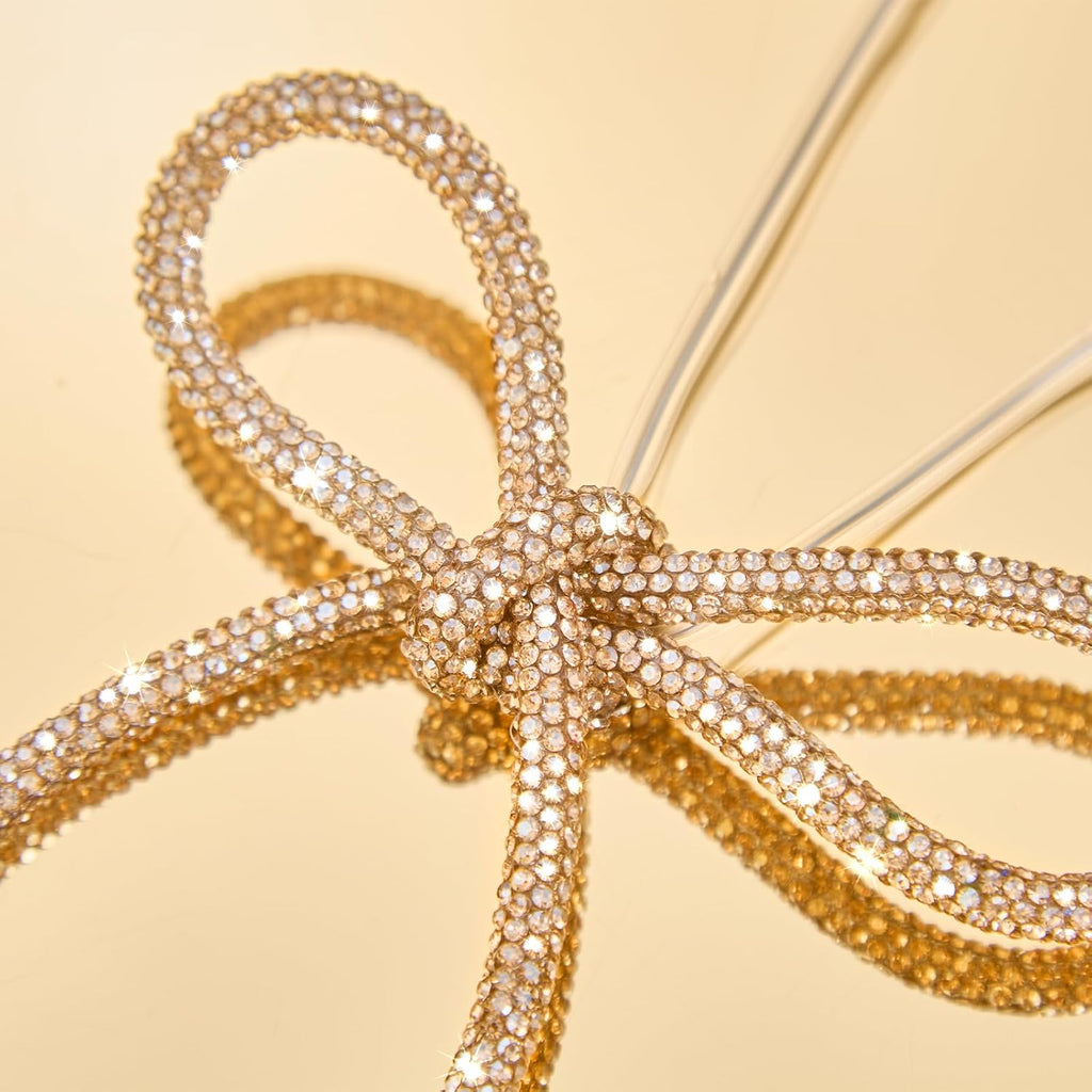 6 Pcs 2026 Christmas Bows Ornaments, Champagne Gold Sparkly Glitter Rhinestone Bow Ornaments with Twist Tie for Xmas Tree Decoration, Wreath, Garland, Gift Wrapping