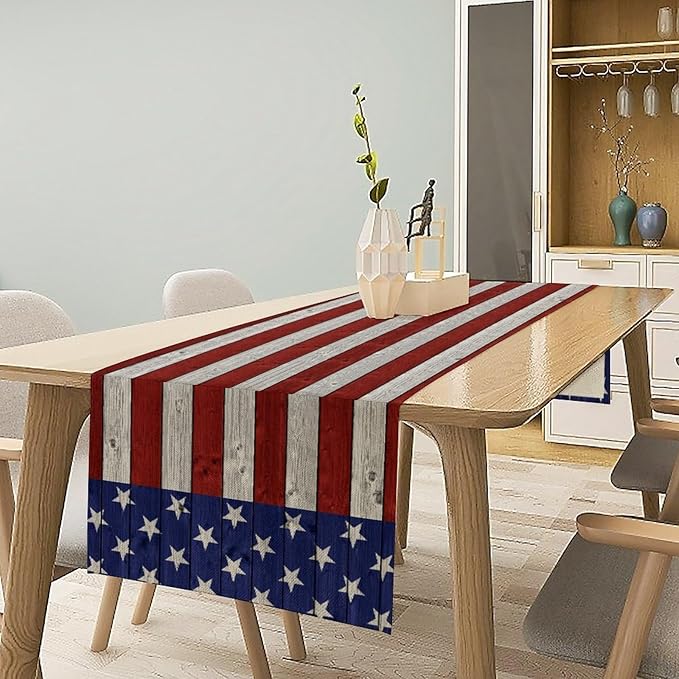 American Flag Table Runner, 4th of July USA Rustic Vintage Wooden Blue Red Stars Stripes Print Table Runner for Farmhouse Kitchen Dining Table Decor, 13x70inch