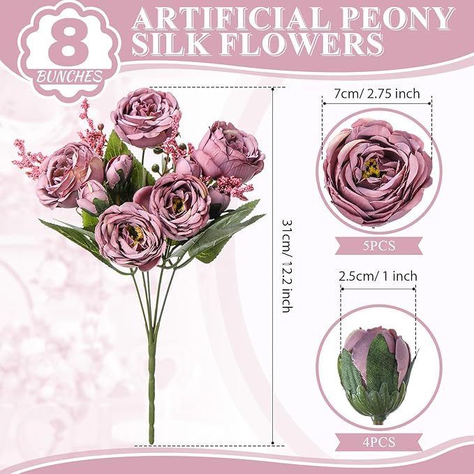 8 Bundles Artificial Peonies Flowers Boho Faux Flowers Arrangements Artificial Centerpiece Spring Bouquet Floral Wedding Decoration for Vase(Dark Purple)