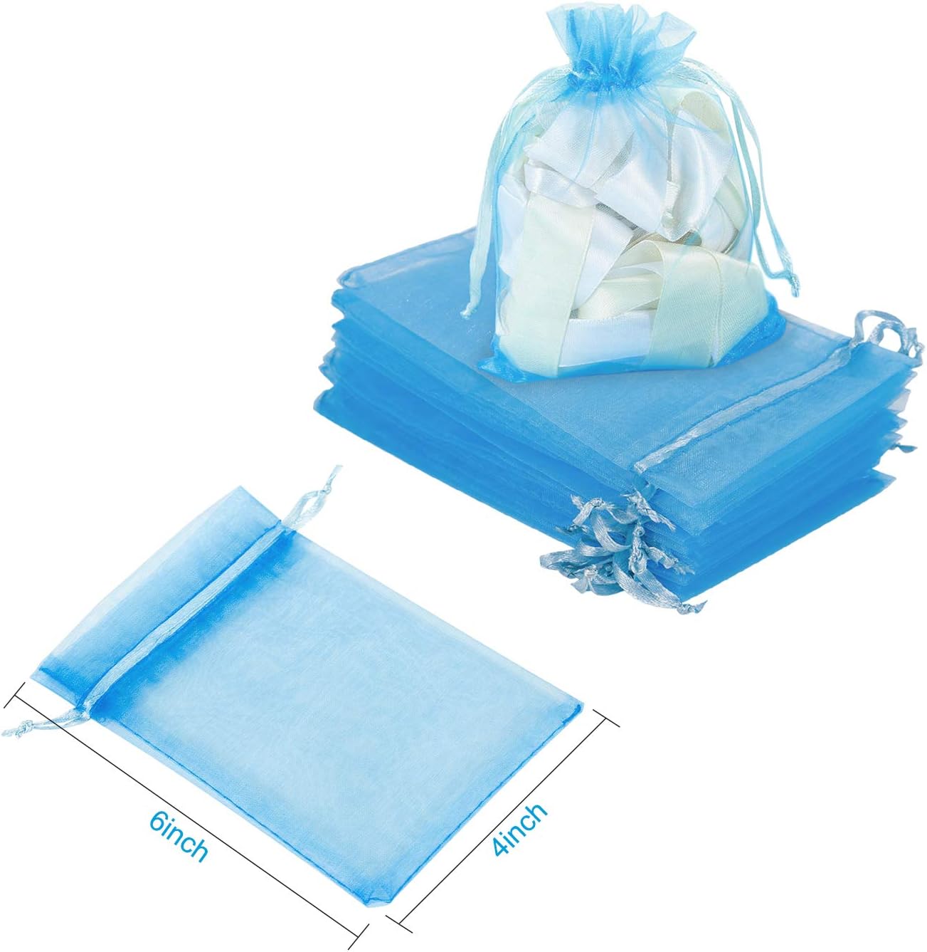 WenTao 100Pcs Premium Sheer Drawstring Organza Bags, 4 x 6 Inch (10x15cm) Pouches Candy Jewelry Party Wedding Favor Gift Bags Blue