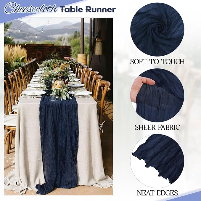 Aktor 4 Pack Navy Blue Table Runner Boho Cheesecloth Table Runner Semi Sheer Gauze Fabric Runners for Wedding Birthday Baby Shower Party Boho Table Decoration（Navy Blue）