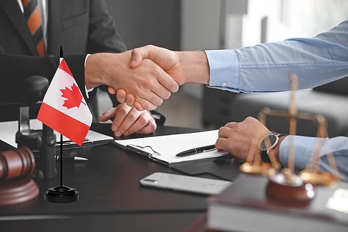Canada Canadian Deluxe Desk Flag Set Small Mini Miniature CA Canadian Table Desktop Flags With Solid Pole, Black Base and Spear Top(2 Pack)