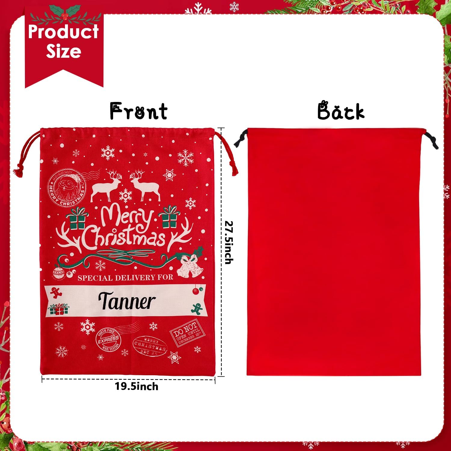 Ulico Personalized Christmas Bag ，Custom Oversized Santa Sack with Embroidered Name ，Christmas Gift Bag Present Bag ，Large Gift Sack，Canvas Stocking Bags for Kids, Family（1 Pcs）