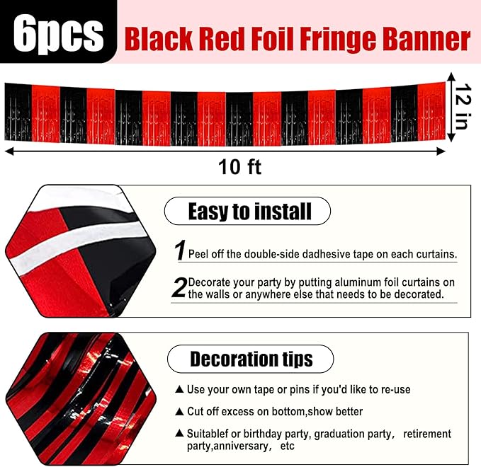 6 Pack 10 Feet Black Red Foil Fringe Garland Metallic Tinsel Streamers Banner Wall Hanging Curtain Backdrop for Parade Floats, Birthday, Graduate, Mother's Day, Wedding Party Decoration