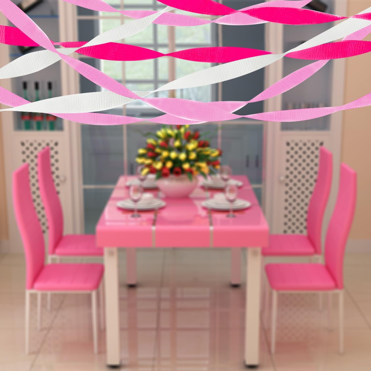 PheiLa Valentines Day Party Supplies, 4 Rolls Pink and White Crepe Paper Streamers for Galentines Day Girls Birthday Wedding Party Decor 1.77 Inch x 82 Ft/Roll, 328ft