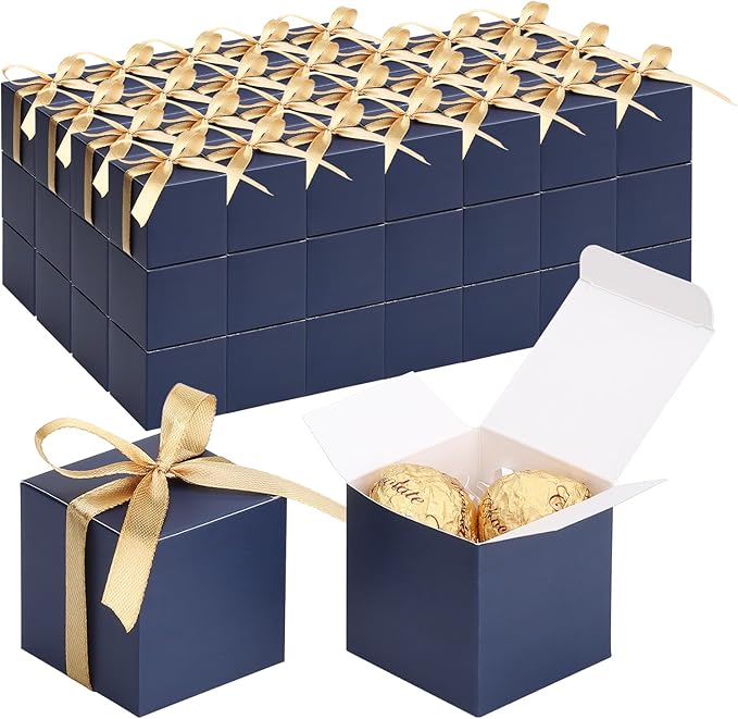 EUSOAR Favor Boxes, 120pcs 2x2x2 Inches Royal Blue Small Treat Boxes Mini Cookies Container with Gold Ribbon, Paper Cube Macaron Candy Box Soap Storage for Wedding Birthday Party DIY Supplies