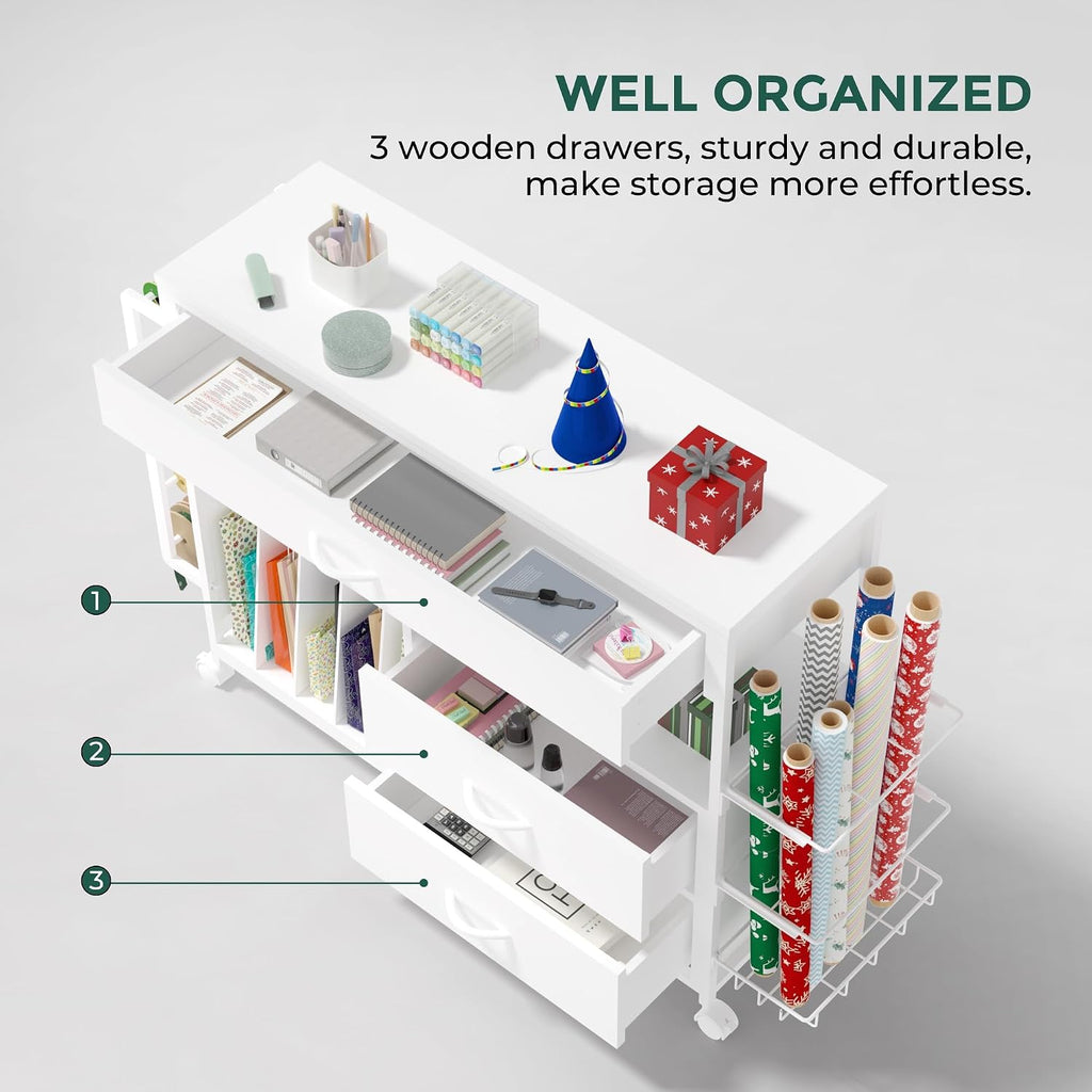 Wrapping Paper Storage & Organizer, Craft Cart with Ribbon & Gift Bag Storage, Wrapping Paper Organizer Holder(3 Wooden Drawers-White)