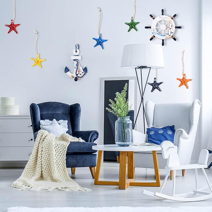 Marsui 11 Pcs Wooden Nautical Wall Decor Fishing Net Decorations, Include Decorative Fishing Net, Ship Wheel, Fish Skeleton, Life Ring, Anchor, Starfish Beach Decor for Mediterranean Party (Blue)