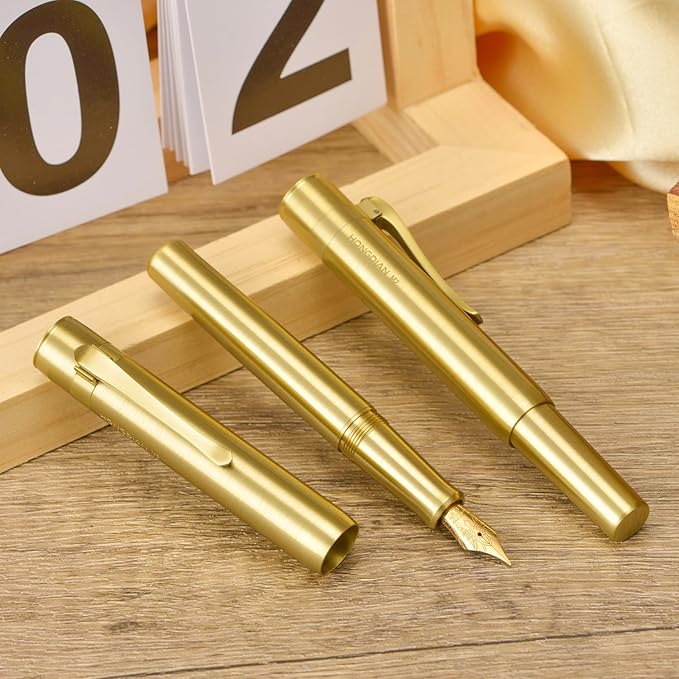 Hongdian M2 Black Forest Mini Fountain Pen, Long Blade Nib & Sleek Shape Brass Short Pocket Travel Pen (Glossy Brass)