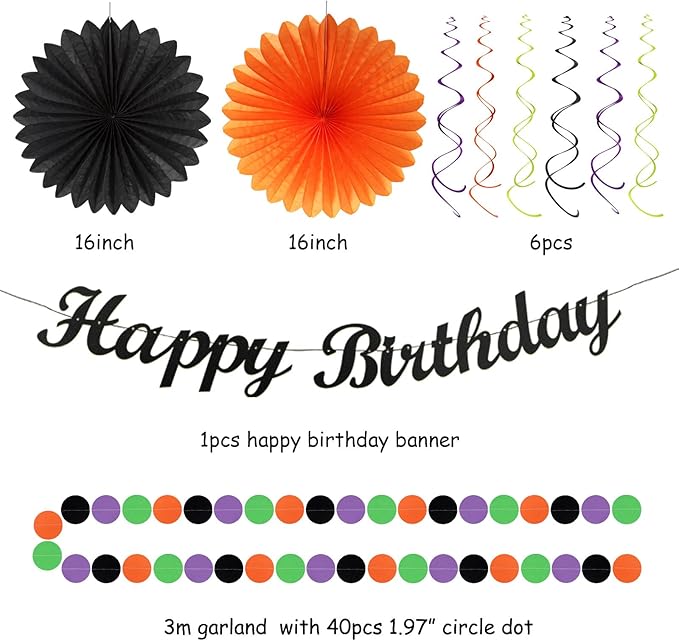 Black-Green Orange-Purple Halloween Birthday Party-Decorations - 21pcs Happy Banner,Paper Lanterns Honeycomb,Tissue Pom Poms Flower Fan,Kids Classroom Hanging Streamers Garland Decor Supplies Huglony