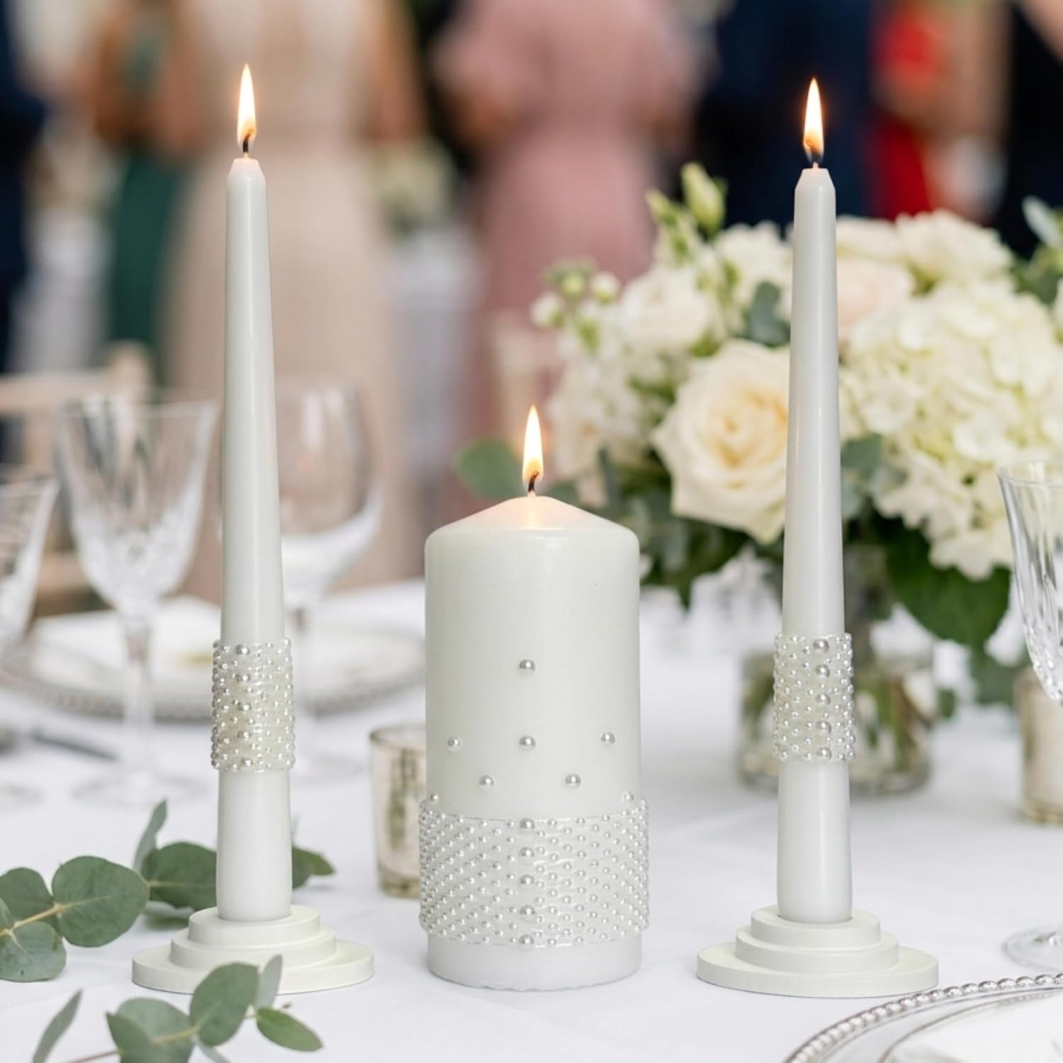 Unity Candle Set - Wedding Ceremony & Reception Candle– 6” Pillar & Two 10” Taper Candles – Long Burning Unity Candles for Marriage Ritual – Handmade in USA – White |Pearls| Luxury