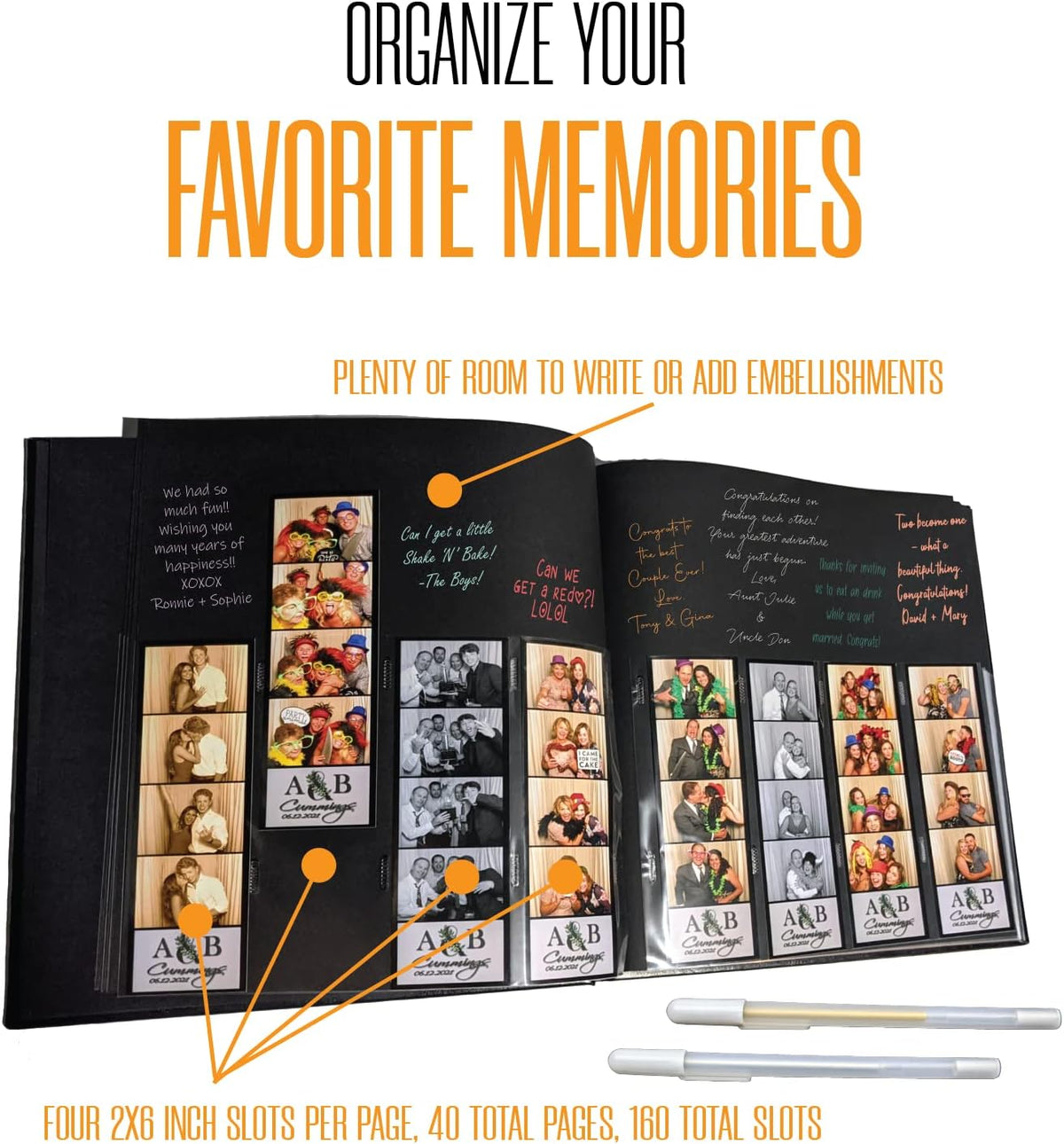 2x6 Photo Strip Album, Black Cover Black Pages, 2 Gel Pens