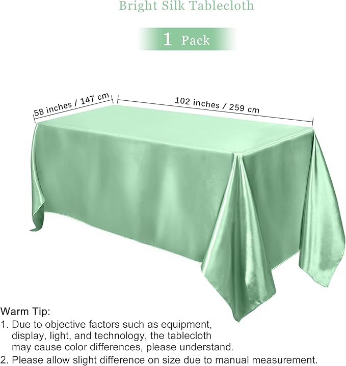 TURSTIN 1 Pack Sage Green Satin Tablecloth 102 x 58 Inch Overlay Satin Table Cover Rectangle Bright Silk Tablecloth Smooth Fabric Table Decoration for Wedding Banquet Party Events