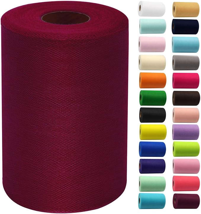 Burgundy Tulle Fabric Rolls 6 Inch by 100 Yards (300 feet) Fabric Spool Tulle Ribbon for DIY Burgundy Tutu Bow Baby Shower Birthday Party Wedding Decorations Christmas Craft Supplies