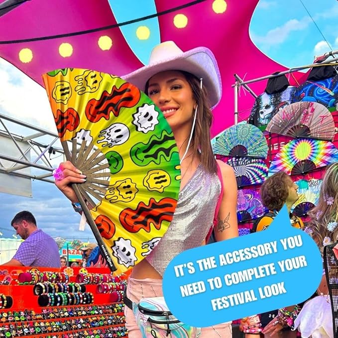 Kandies World UV Reactive Custom Festival Folding Hand Fan - Unique Designs, Made of Bamboo, Clacking Sound, Lightweight - Perfect Rave and Festival Accessory!