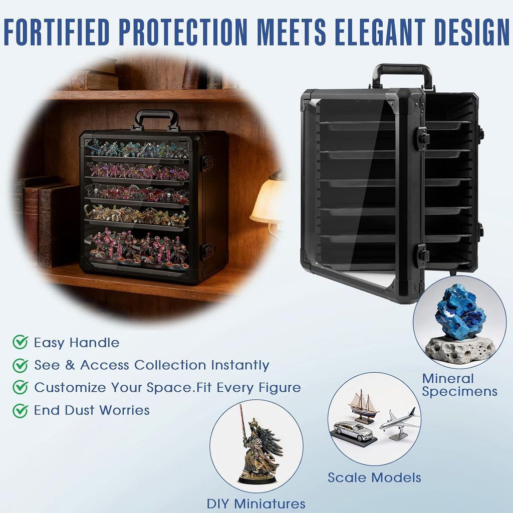 miniature storage case, carry & display for warhammer showing dimensions
