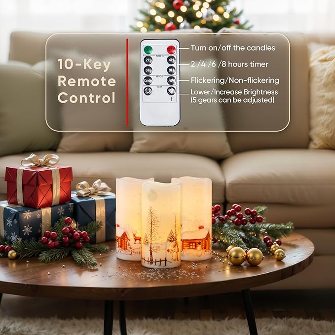 Homemory Christmas Flameless Candles Battery Operated with Snowman, Remote Control and Timers, Real Wax LED Pillar Candles for Rustic Country Home Farmhouse Cabin Decor, Set of 3, 3”x 6”