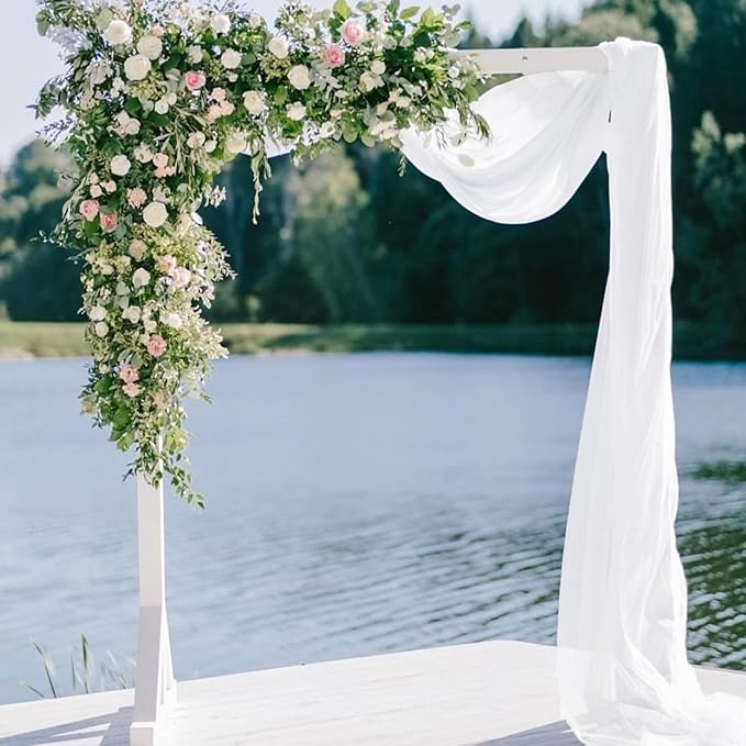 VOK White Wedding Arch Draping Fabric Chiffon Fabric, 29in x 18Ft 2 Panels Sheer Chiffon Outdoor Curtain for Wedding Ceremony Birthday Party Decoration (White,2 Panel)