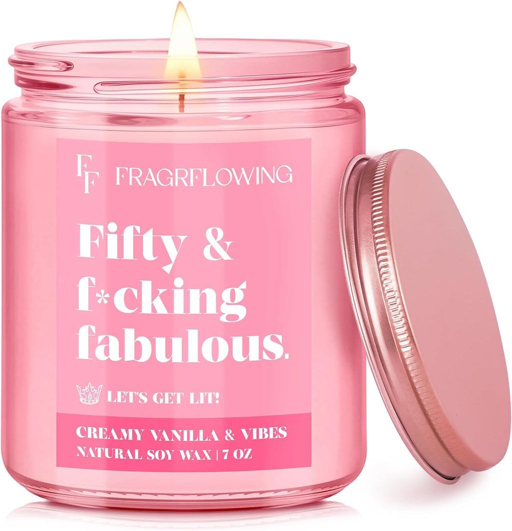 50th Birthday Candle Gifts for Women - Fifty & Fabulous! Creamy Vanilla & Natural Soy Wax Candle, Pink Jar Funny Gifts for Daughter, Sister, Best Friend or Wife Birthday Decorations