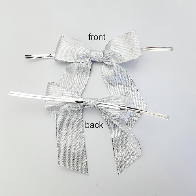 50pcs 3-1/2" Metallic Silver Glitter Ribbon Bows with Twist Ties for Gift Wrapping Packing Christmas Big Bows for Holiday Decoration (Silver)