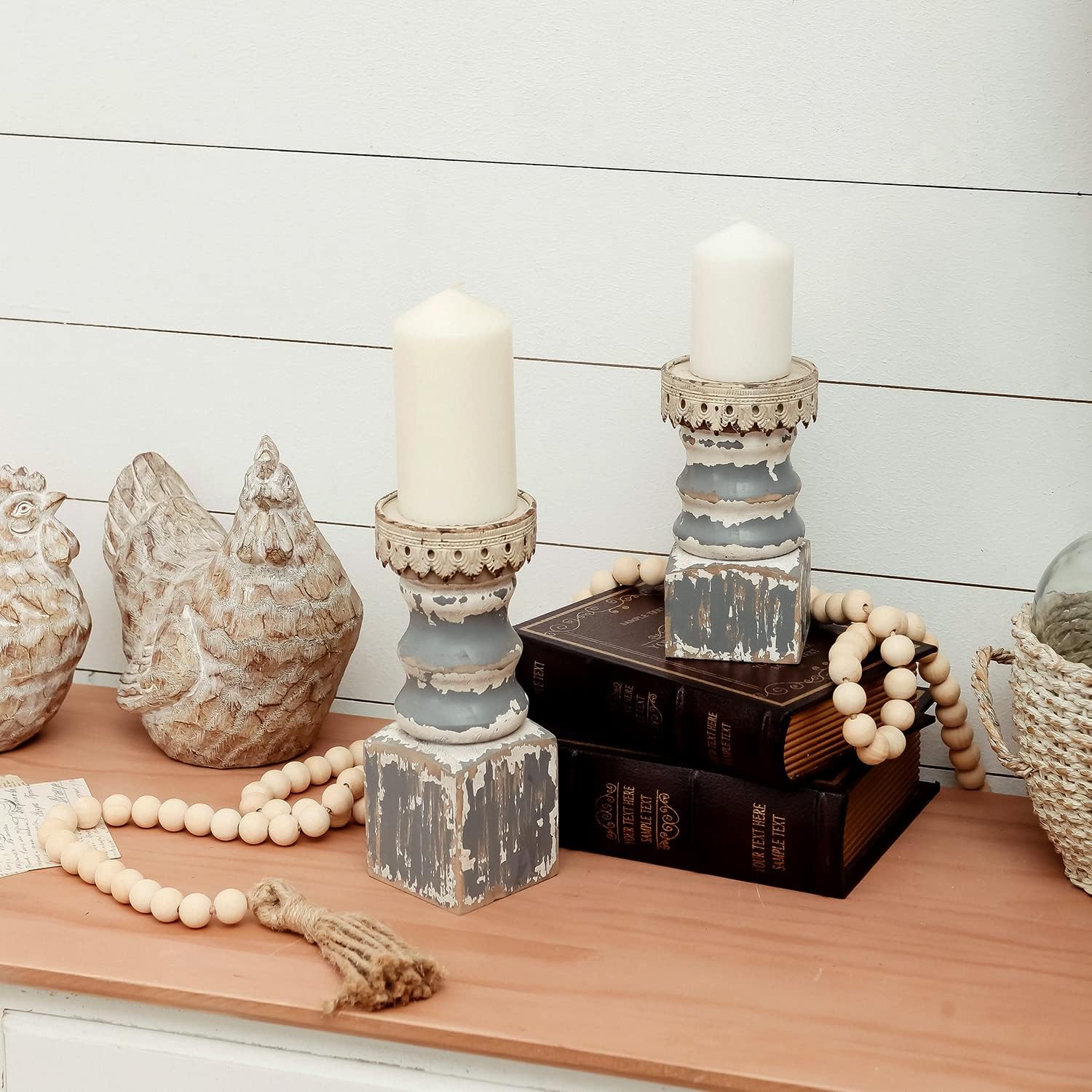 NIKKY HOME Farmhouse Rustic Solid Wood Pillar Candle Holders Set of 2, Grey | Distressed Wooden Candle Pedestals, Decorative Pillar Stands for Mantels, Fireplaces, Centerpieces Tables, Shabby Chic Decor