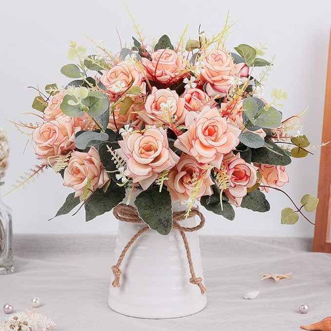 LESING Artificial Rose with Vase,Fake Silk Flowers Bouquets in Vase Table Centerpiece Arrangement for Kitchen Living Room (Pink-1)