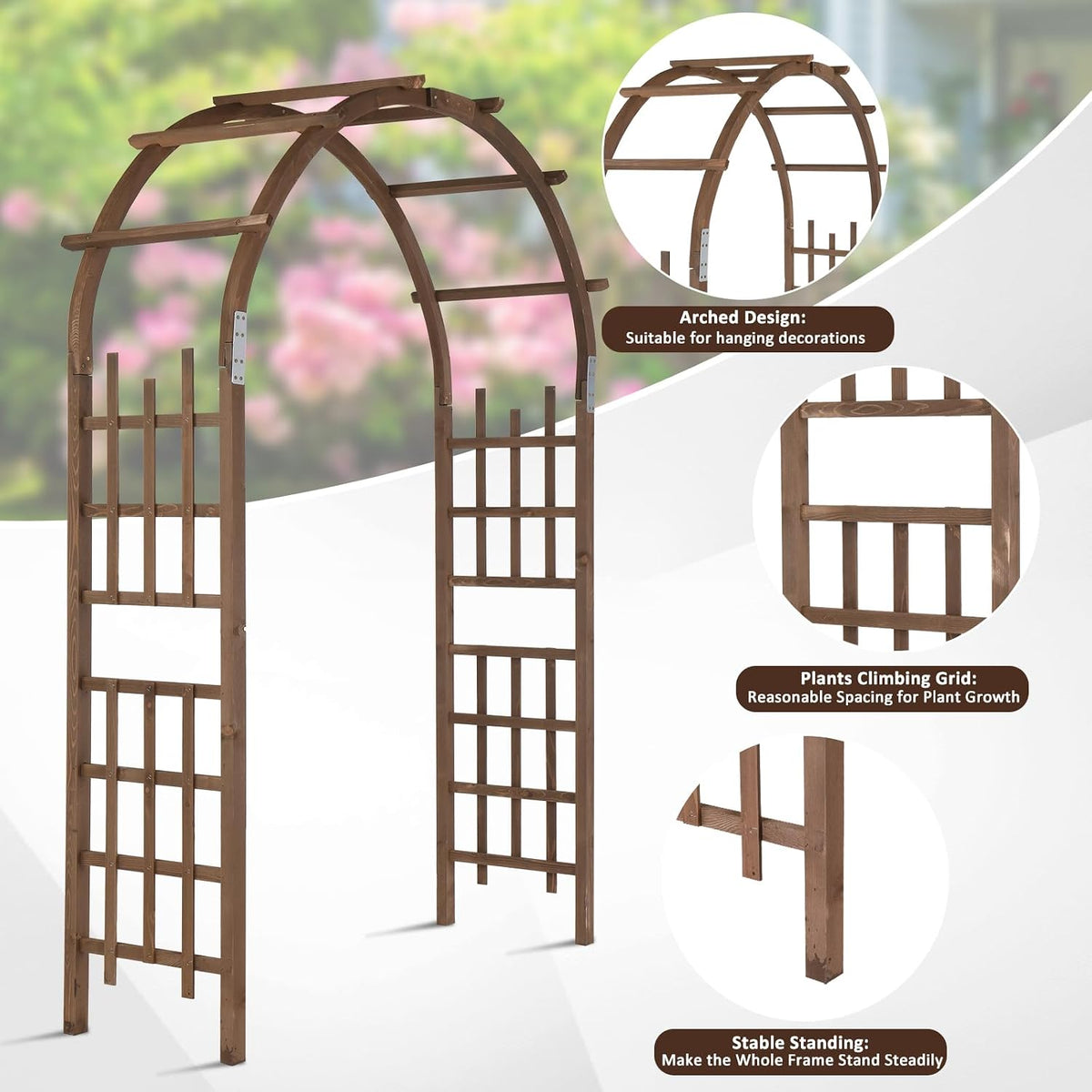 Outvita 7Ft Brown Wooden Arbor Arch, Garden Trellis for Climbing Rose Vines