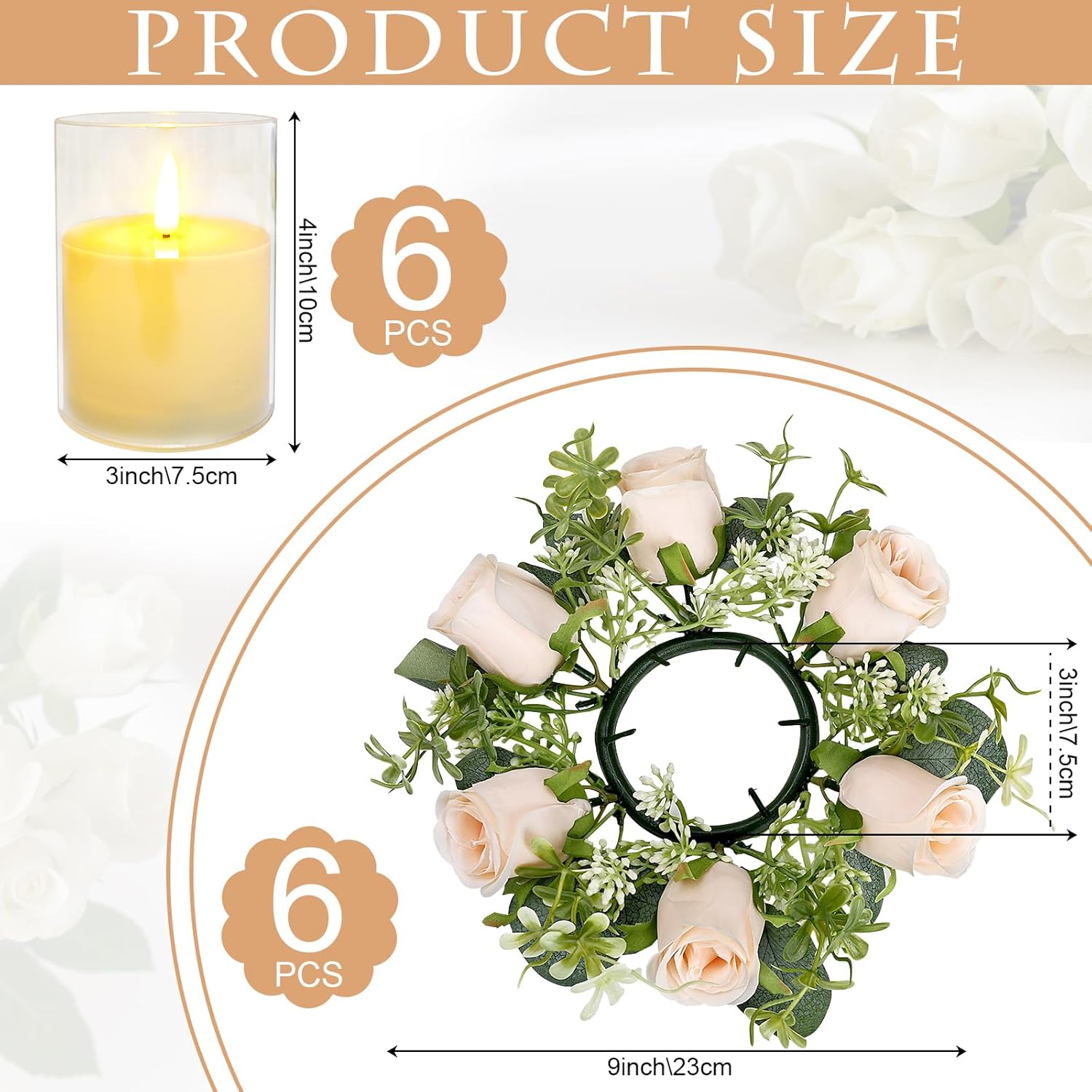 12 PCS Candle Rings with LED Flameless Candles, 3 Inch Artificial Rose Wreaths Eucalyptus Leaves for Table Centerpieces Home Wedding Party Decor, Champagne, 6 Sets