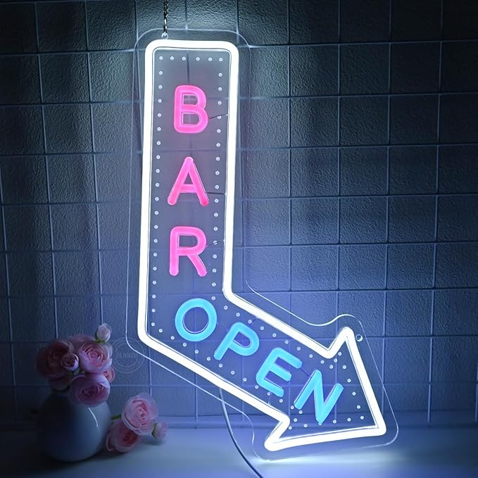Planzo Bar Open Neon Signs for Business LED Light Up Open Beer Sign Wall Decor for Home Pub Cafe Man Cave Club Cocktails Coffee Bistro Hotel Party Window Indoor USB Powered Dimmable White Pink Blue