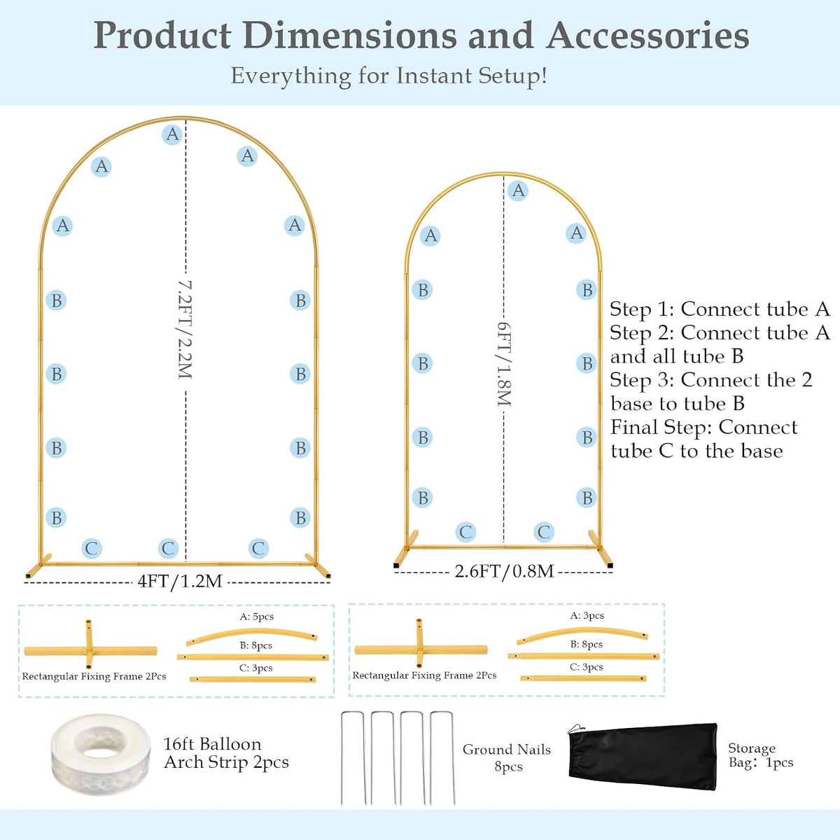 7.2ft 6ft arch backdrop stand, wedding arch with, side view