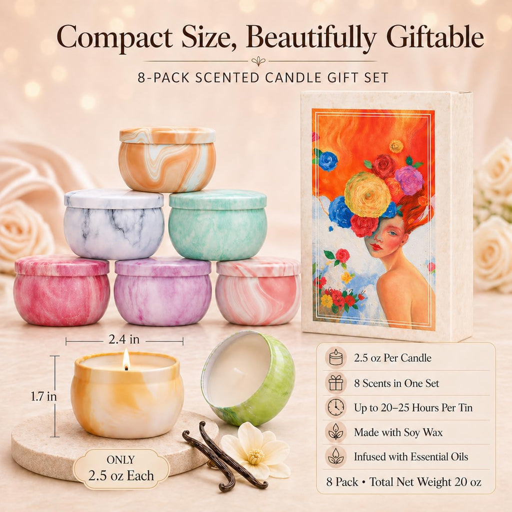 Candles, Scented Candles Gift Set for Women, 8 Pack Fruity Floral Soy Wax Aromatherapy Candles, Travel Tin Candles in Artist Gift Box, Birthday Gifts for Mom, Wife, Sister, Friend, Housewarming