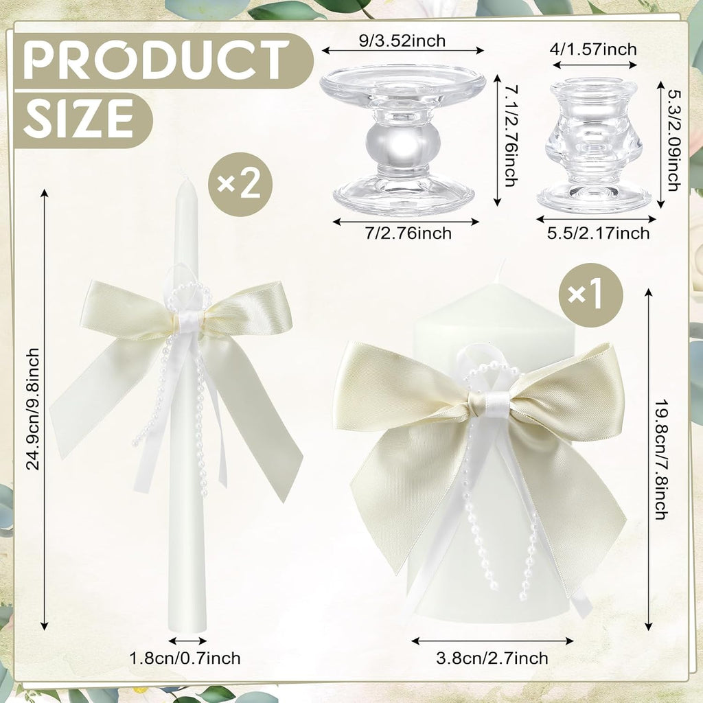 Conelist 3 Pcs Unity Candles for Wedding with Satin Bow and Glass Candle Holder Coquette Unity Pillar and Taper Candles Set Wedding Ceremony Reception Decor for Formal Events Church(Ivory)