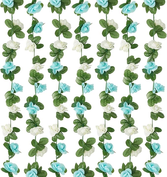 6 Pcs x 8.2 ft Flower Garland Artificial Rose Vine Flowers with Green Leaves Hanging Fake Roses Vine for Room Party Home Wedding Birthday Christmas Wall Arch Decor, White Blue Flower