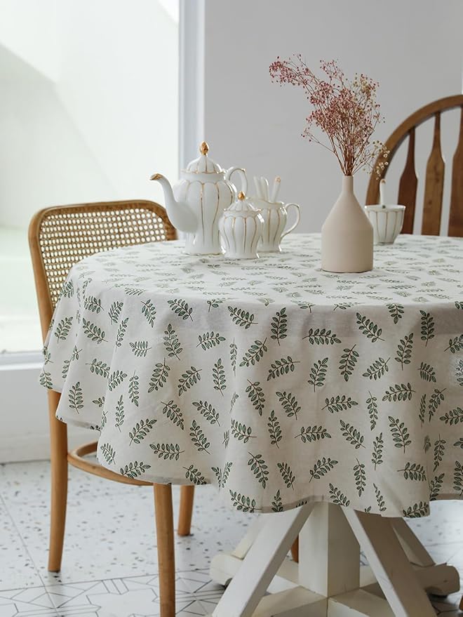 Pastoral Round Tablecloth - 60 Inch Dia. - Beige Linen Table Cloth - Washable Table Cover with Dust-Proof Wrinkle Resistant for Restaurant, Picnic, Bistro, Indoor and Outdoor Dining, Green Leaf