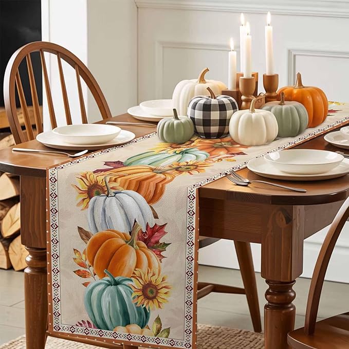 Fall Thanksgiving Southwest Cotton Linen Table Runner for Dining Kitchen, Orange Pumpkins Wedding Outdoor Party Rustic Tablerunners Decoration, Sunflower Dresser Scarf Tablecloth Runners 13x48 Inches