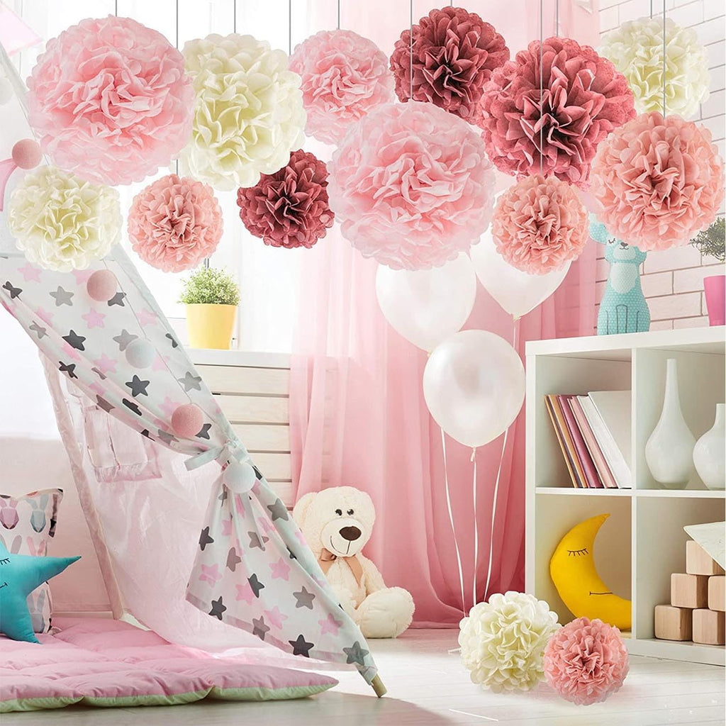 Boho Party Decoration,12pcs Blush Pink, Dusty Rose, Mauve, Cream Tissue Paper Pom Poms,Hanging Paper Flowers for Wedding Bridal Shower Bachelorette Party Decoration