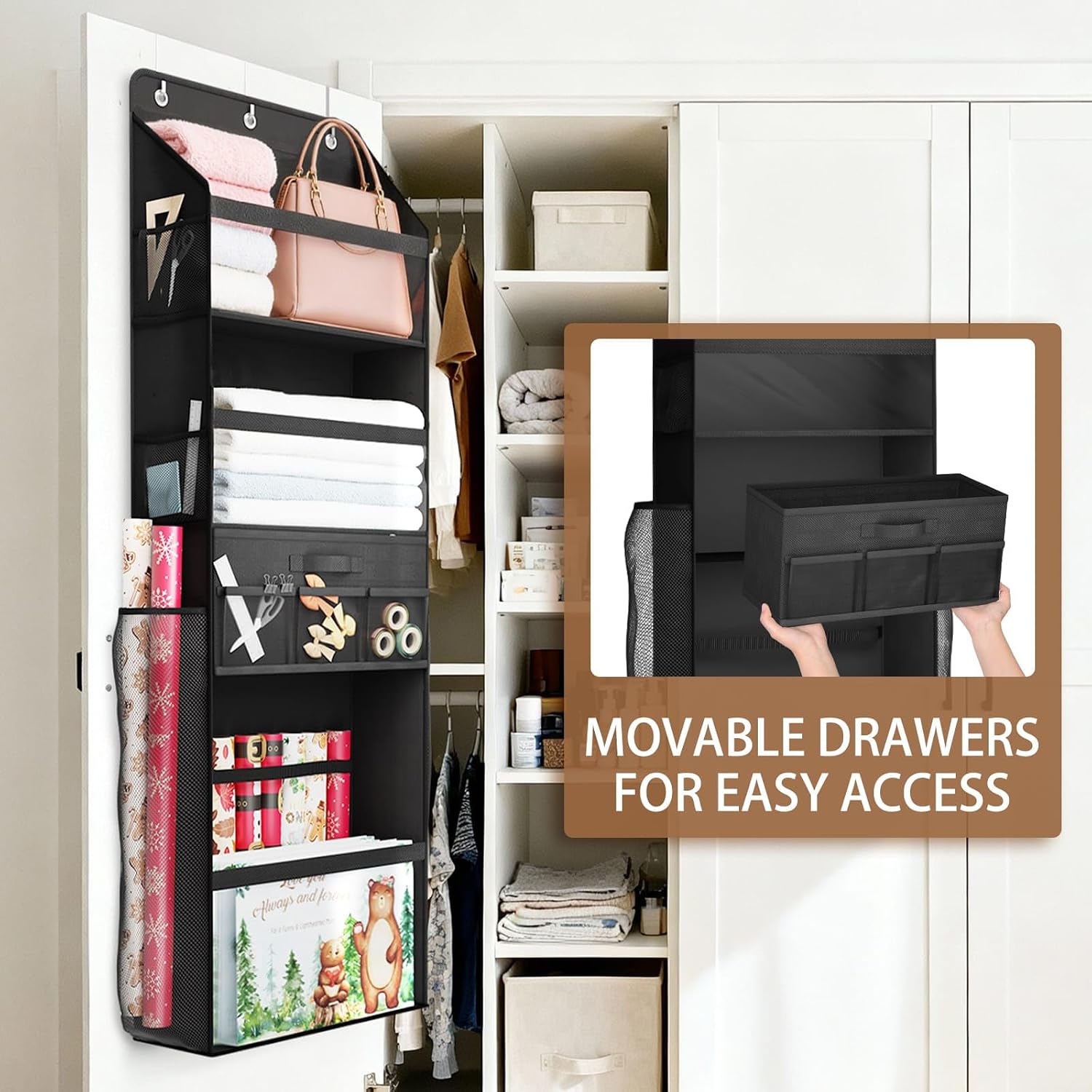 Over Door Wrapping Paper Organizer Storage with Removable Drawer & Side Pockets, Multi-Purpose Over the Door Gift Wrapping Organizer for Gift Bags, Paper, Ribbons, Bows, Ornament and Other Tools