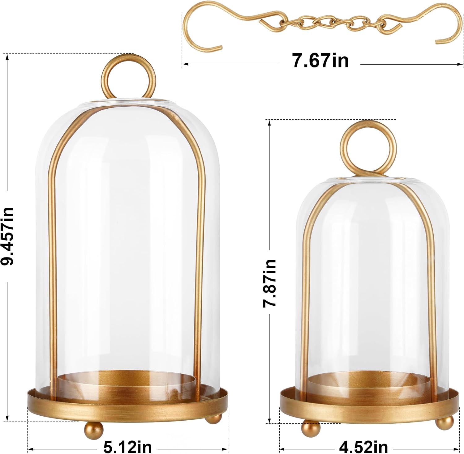 Glass Hurricane Candle Holder Decorative Gold Candle Lantern, Pillar Candlestick Holders Set of 2, Hanging Metal Holder Modern Table Centerpieces, Antique Brass